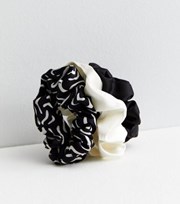 New Look 3 Pack Black Cream and Squiggle Satin Scrunchies